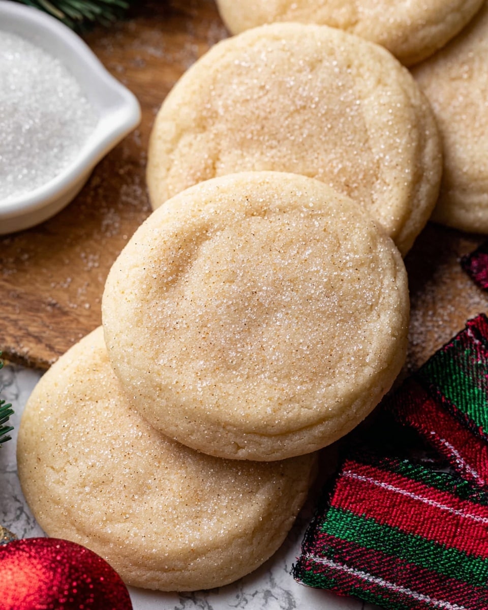 A close-up image of five round soft sugar cookies lightly dusted with granulated sugar. The cookies have a light golden-brown color with a soft, slightly thick texture visible on the edges and surface. They are arranged closely on a light wooden surface with a small white dish of granulated sugar to the left and a red Christmas ornament with a green and red plaid ribbon to the bottom right. The overall setting has a cozy holiday feel with warm, soft lighting and a white marbled texture beneath the wooden surface. photo taken with an iphone --ar 4:5 --v 7