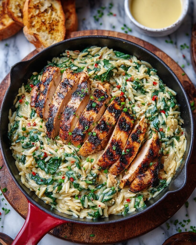 Creamy Spinach Parmesan Orzo with Grilled Chicken Recipe