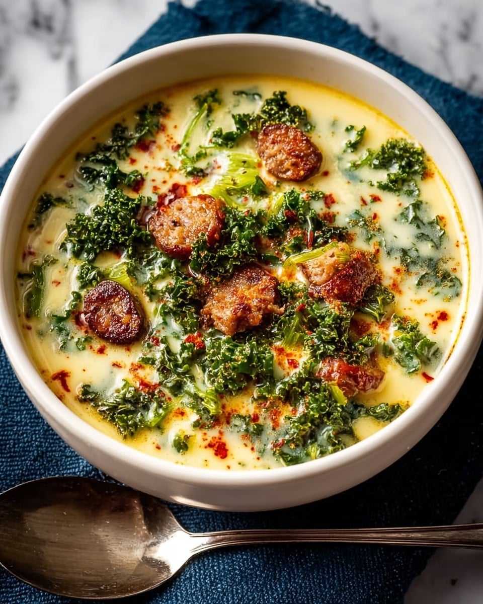 A white bowl is filled with creamy light yellow soup that has visible pieces of bright green kale evenly mixed inside. On top, small slices of browned sausage with a slightly caramelized texture are scattered along with a light dusting of red spice, adding contrast. The bowl rests on a dark blue cloth with a silver spoon placed to the side, all set on a white marbled surface. Photo taken with an iphone --ar 4:5 --v 7