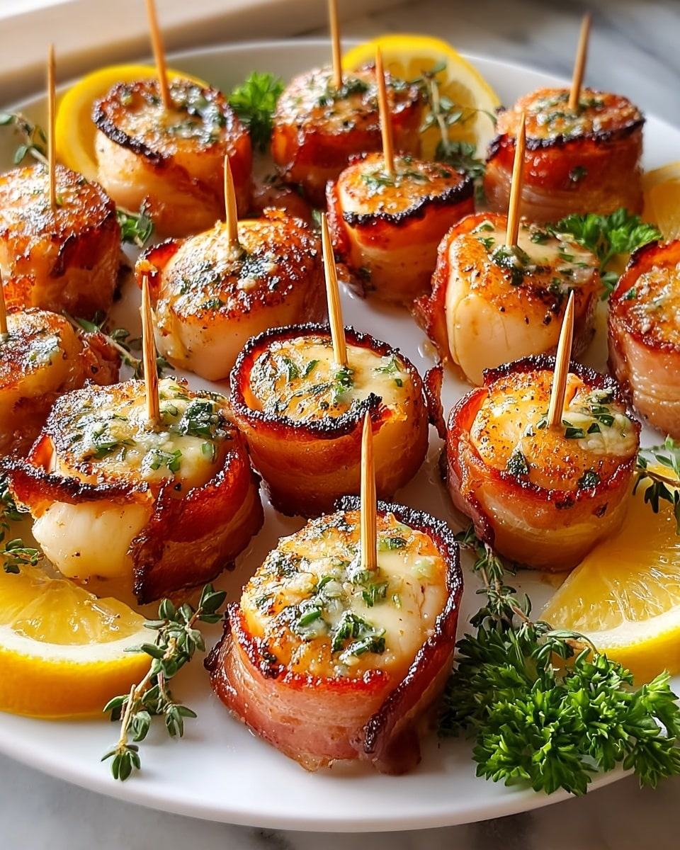 The image shows a white plate filled with 12 round bacon-wrapped scallops, each pierced vertically in the center by a wooden toothpick. Each scallop has two main layers: the outer bacon layer is golden brown and crispy with some charred edges, while the inner scallop is smooth, pale, and slightly seared with a shiny texture. On top of each scallop is a thin layer of melted herb butter, speckled green with finely chopped herbs. The plate is decorated with bright green parsley and thyme sprigs around the scallops, and wedge slices of golden yellow lemon positioned at the edges. The plate sits on a white marbled surface with soft natural light, creating a warm and fresh feeling. Photo taken with an iphone --ar 4:5 --v 7