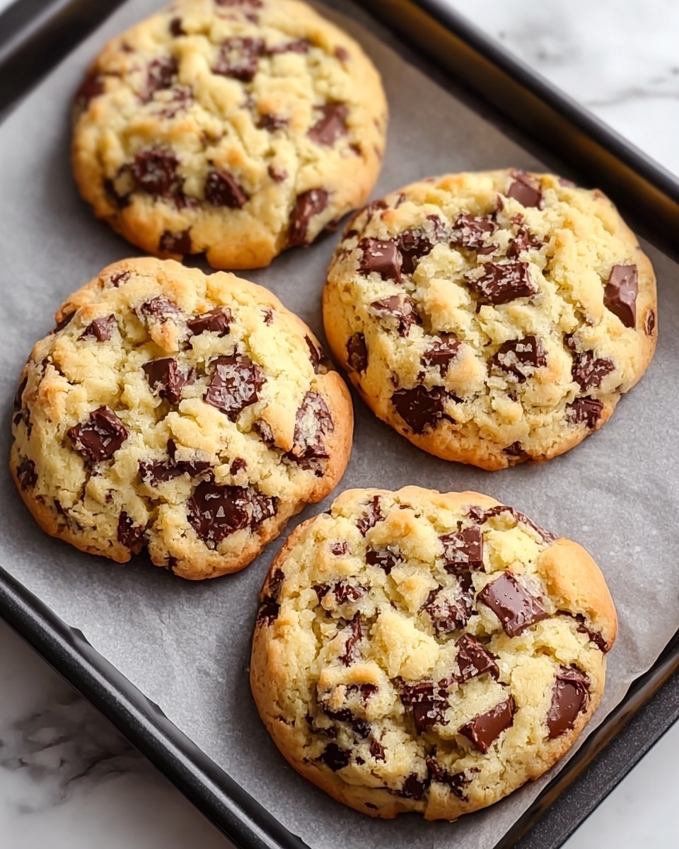 The image shows four thick, round chocolate chip cookies on a black baking tray lined with light gray parchment paper, placed on a white marbled surface. Each cookie has a rough, uneven texture with a pale golden-brown dough base and scattered chunks of dark brown chocolate chips embedded throughout. The cookies have a slightly cracked top surface, revealing the soft and crumbly inside, with edges that are a bit darker, indicating they are baked to a golden crisp. Photo taken with an iphone --ar 4:5 --v 7