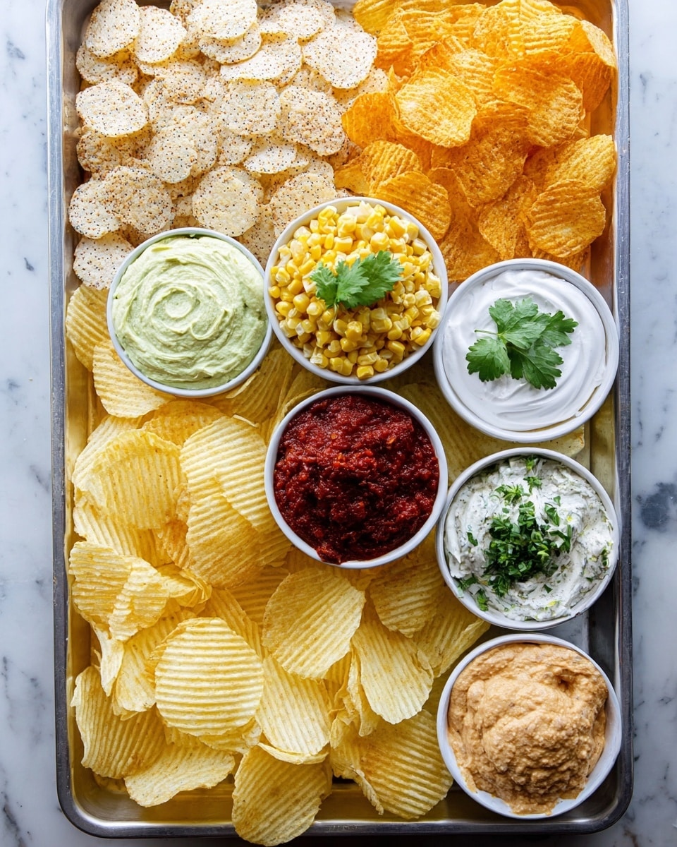 A large tray filled with five different types of chips arranged in sections: light ridged potato chips at the bottom left corner, small round multigrain chips in the top left, thicker ridged chips in the top right, thin wavy chips in the bottom right, and yellow kettle-cooked chips near the center bottom. Five white bowls are placed on top with different dips: a light green creamy dip with a smooth texture is at the top left, a yellow and white corn mixture garnished with two green leaves sits at the top center, a chunky dark red salsa with two cilantro leaves is at the middle, a white dip with green herbs near the bottom left, and a light brown creamy dip at the bottom right. The tray sits on a white marbled surface. Photo taken with an iphone --ar 4:5 --v 7
