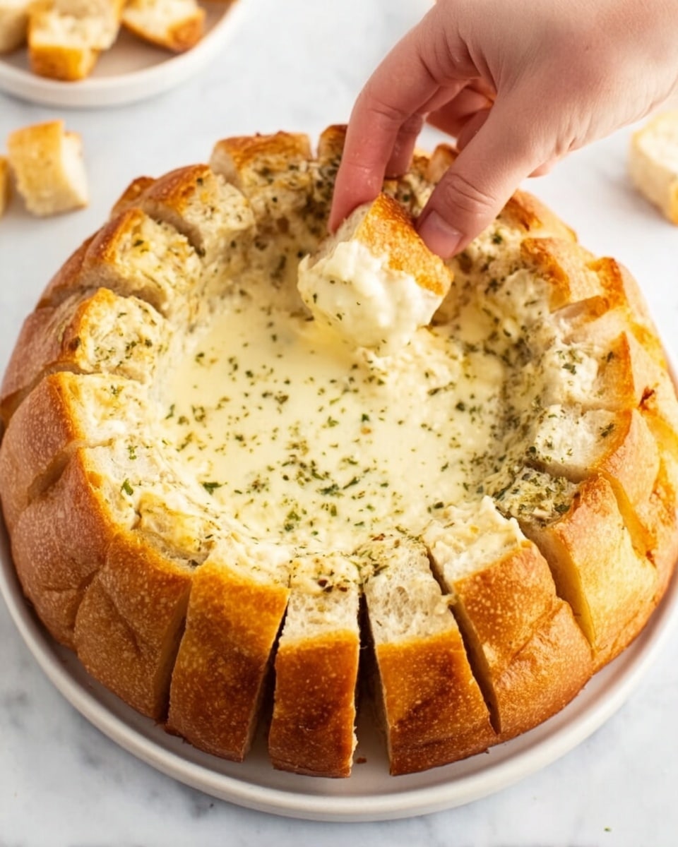 The image shows a white round bread bowl filled with creamy cheesy dip. The bread bowl has been sliced into segments around the top edge, creating thick golden-brown bread pieces for dipping that surround the creamy cheese center. The cheese dip is smooth and light yellow with herbs sprinkled on top, giving it a speckled texture. A woman's hand is reaching to pick up one of the bread pieces on a white marbled surface. Photo taken with an iphone --ar 4:5 --v 7