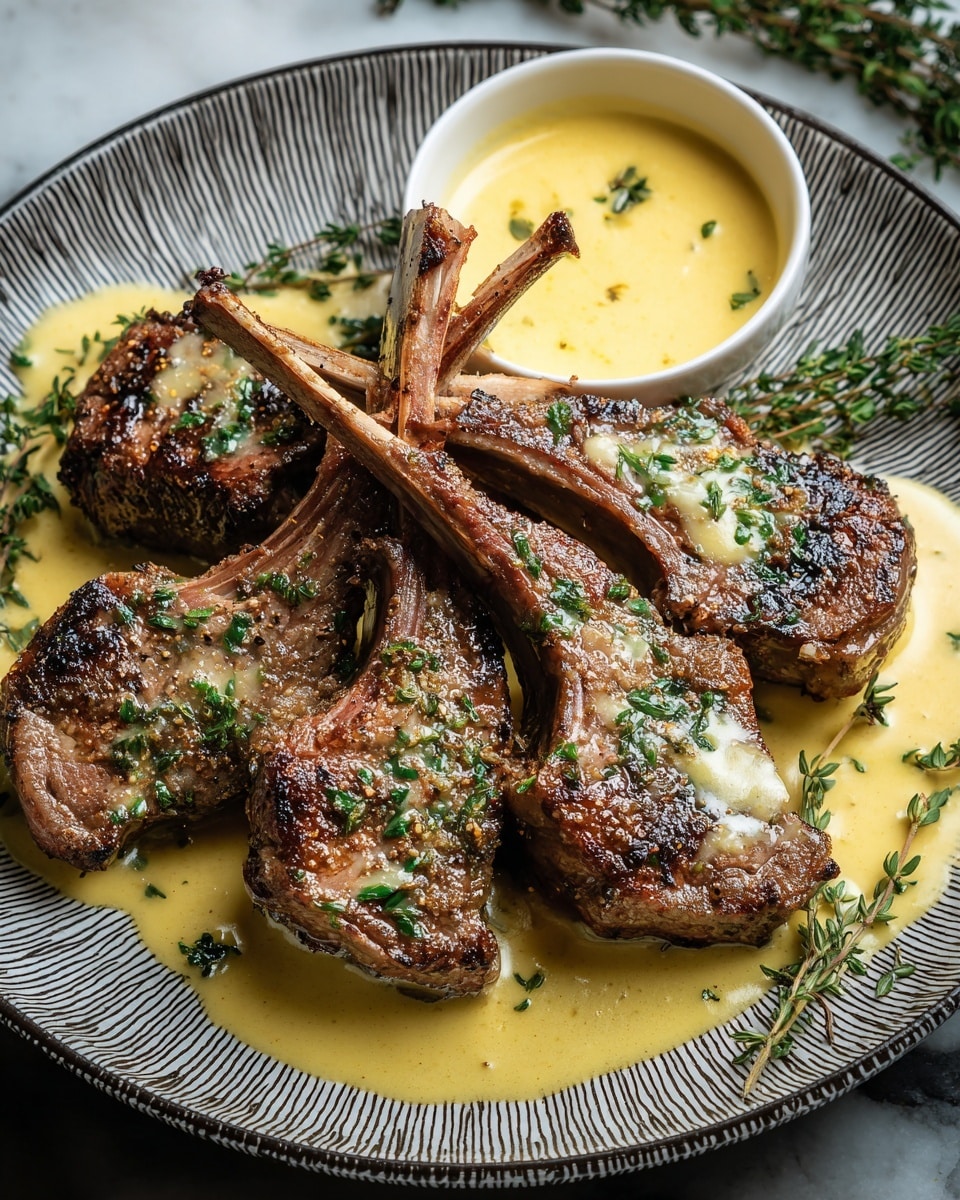The image shows six grilled lamb chops arranged in a pile on a white plate with a black pattern. The lamb chops are golden brown with visible grill marks and a bit of char, seasoned with fresh green herbs scattered on top. A creamy yellow sauce is generously poured over and around the meat, with some fresh thyme sprigs placed on the edges of the plate. There is a small white bowl filled with the same yellow sauce on the side. The whole scene is set on a white marbled surface, giving a clean and elegant look. photo taken with an iphone --ar 4:5 --v 7