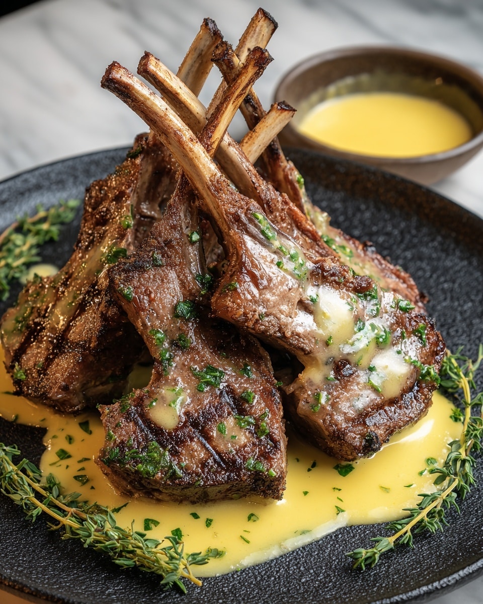 A dark stone plate holds six grilled lamb chops stacked in a pyramid shape with the bones pointing up. The lamb chops have a brown seared texture with bits of green herbs sprinkled on top. They rest on a pool of smooth yellow sauce with flecks of herbs, some sauce also drizzled over the lamb. Fresh green thyme sprigs are placed on the plate for decoration, and a small bowl filled with the same yellow sauce sits on the side. The setting includes a white marbled surface background. photo taken with an iphone --ar 4:5 --v 7
