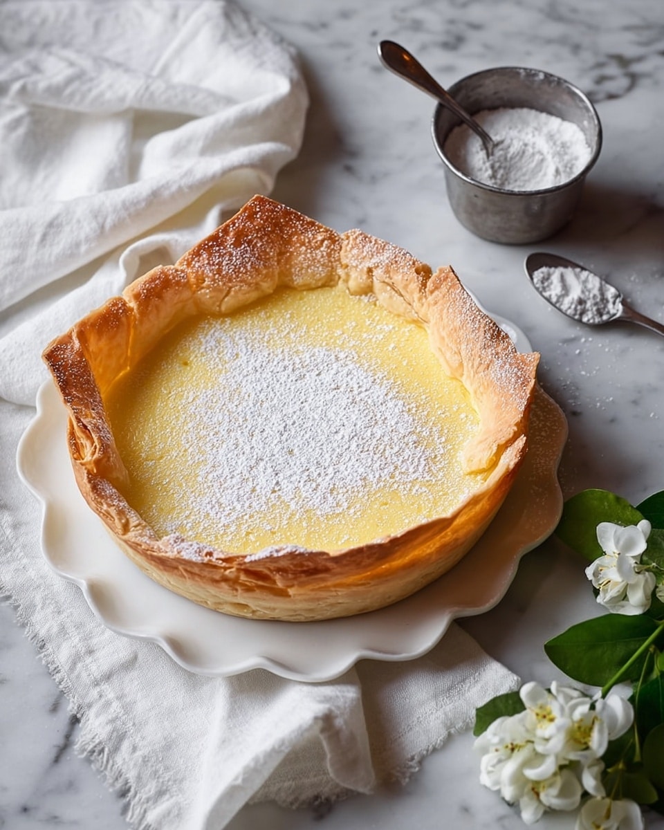 A tart with two layers: a crispy, crinkled light brown outer crust made from thin, flaky pastry, and a smooth, pale yellow custard-like filling in the center. The tart is dusted with a light sprinkle of white powdered sugar on top. It sits on a white ceramic plate with scalloped edges, placed on a soft white cloth over a white marbled surface. Nearby, there is a small metal cup and spoon containing more powdered sugar, and some white flowers with green leaves are visible on the right side. photo taken with an iphone --ar 4:5 --v 7