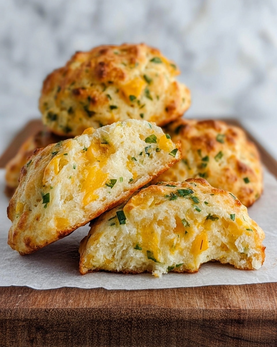 The image shows five golden-brown cheese biscuits with a rough, slightly crispy outer texture and soft, fluffy insides. Each biscuit is topped with small green chives that add a fresh color contrast on the warm cheesy surface. The biscuits rest closely together on a piece of white parchment paper, which is placed on a wooden board. The background is a white marbled texture, giving a clean and bright setting to the warm, inviting biscuits. photo taken with an iphone --ar 4:5 --v 7