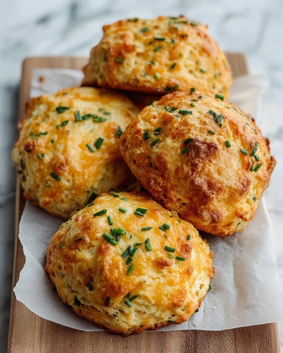 The image shows three golden-brown cheese and herb biscuits placed on white parchment paper over a wooden board. One biscuit is broken in half in the front, revealing a soft, airy inside filled with melted yellow cheese chunks and green herbs. The biscuits have a slightly rough texture with visible bits of cheese and chopped herbs scattered on the surface. The background is a white marbled texture. photo taken with an iphone --ar 4:5 --v 7