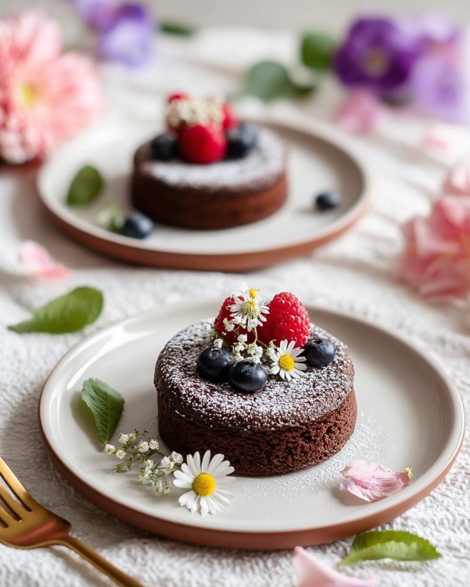 Two small round chocolate cakes each on a white plate with a thin brown rim, placed on a white marbled textured cloth. Each cake is a single layer of dark brown chocolate, dusted with powdered sugar on top. On top of each cake, there is a raspberry and two blueberries along with a small white daisy with a yellow center and tiny white flowers for decoration. Around the plates, there are scattered small white daisies, green leaves, and a few pink and purple flower petals. A golden fork is placed near the front plate. The background is softly blurred with pink and purple flowers visible. photo taken with an iphone --ar 4:5 --v 7
