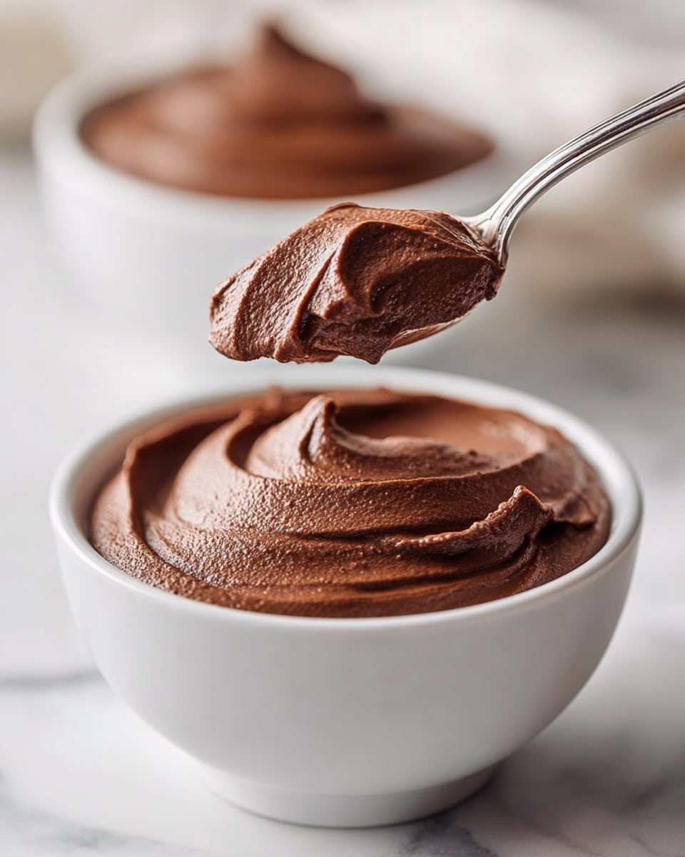 A close-up of a small white bowl filled with a smooth, thick layer of rich dark brown chocolate mousse, with a silver spoon lifting a generous dollop of the creamy swirl above the bowl. The mousse has a soft, velvety texture with gentle waves and peaks, set against a white marbled surface, giving a clean and fresh look. In the background, another white bowl is softly blurred, also filled with chocolate mousse. photo taken with an iphone --ar 4:5 --v 7