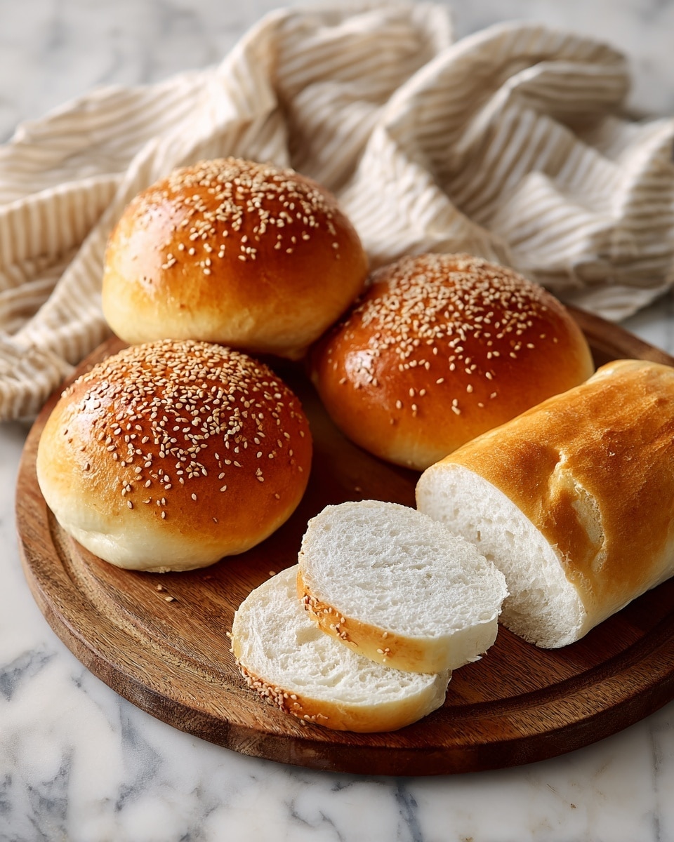 The image shows a round wooden board on a white marbled surface with four sesame seed-topped hamburger buns arranged in a loose group towards the back. The buns have a golden-brown shiny crust with an even sprinkle of sesame seeds. In front of the buns, there is a sliced white bread roll cut into two thick pieces and one long piece still mostly whole, showing a soft, fluffy white inside. A striped beige and white cloth is casually placed in the background, adding a cozy touch. Photo taken with an iphone --ar 4:5 --v 7