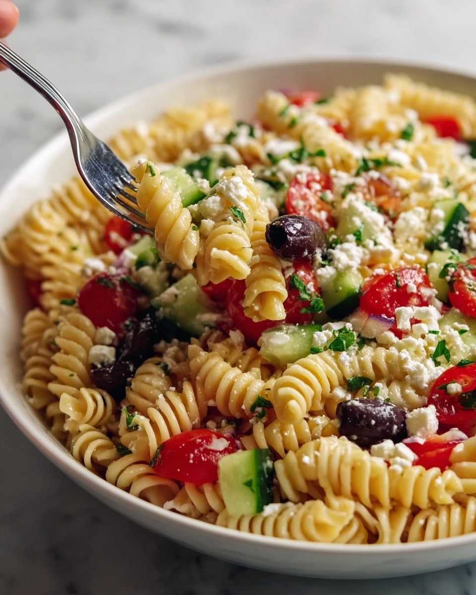 A close-up view of a white bowl filled with a colorful pasta salad featuring three layers: the bottom layer of pale yellow spiral rotini pasta, the middle layer with diced bright red tomatoes, chopped green cucumber pieces, and sliced black olives, and the top layer garnished with crumbled white feta cheese and small bits of green herbs scattered evenly across. A woman's hand holding a fork lifts a bite showing a swirl of pasta with olives, feta, and herbs in clear detail, all set against a white marbled texture background. photo taken with an iphone --ar 4:5 --v 7