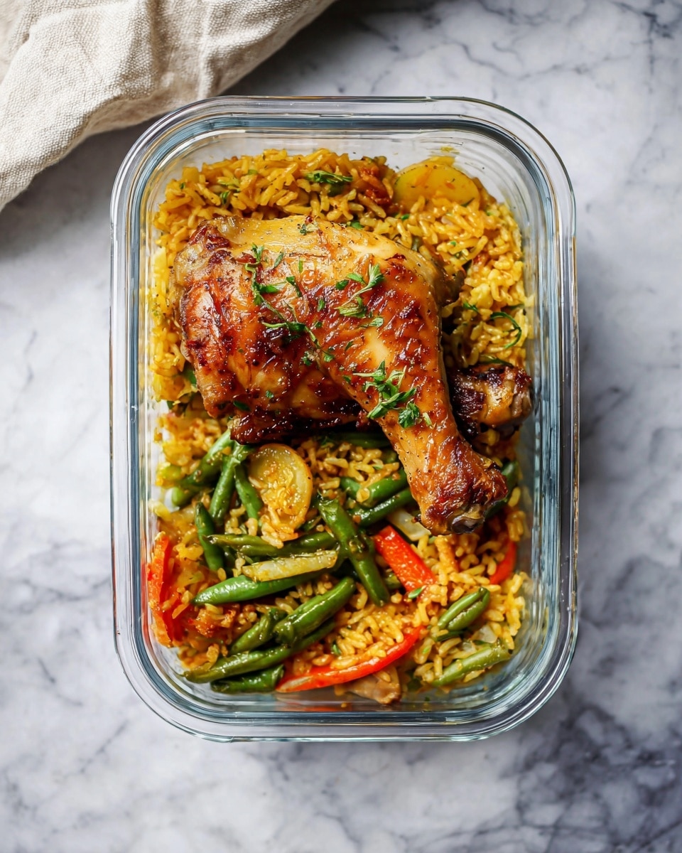 A clear glass container holds two main layers: the top layer features a piece of golden-brown cooked chicken with some green herbs sprinkled on top, accompanied by a crisp chicken wing with a darker roasted appearance on the right side. The bottom layer consists of a yellowish seasoned rice mixed with bright orange carrot slices, whole green beans, and small pieces of red bell pepper, all mixed together. The container sits on a white marbled surface with a light-colored cloth partially visible at the top edge. Photo taken with an iphone --ar 4:5 --v 7