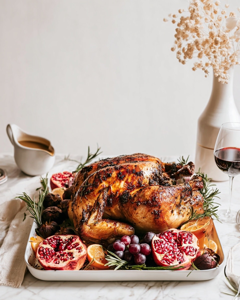 A roasted whole chicken with golden brown, crispy skin sits centered on a white rectangular tray. The tray is garnished with dark green rosemary sprigs and slices of deep red blood oranges placed around the chicken, along with a few dark purple grapes. To the right, a white bowl holds a layered stuffing dish featuring a golden brown, crumbly top mixed with bits of herbs and vegetables. The setting includes white plates with burnt orange napkins decorated with small green sprigs, clear empty wine glasses, a brass candle holder with a dark red candle, and a white marbled textured tablecloth beneath everything. Photo taken with an iphone --ar 4:5 --v 7