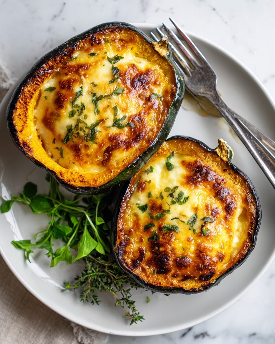 Two halves of a roasted squash sit on a white plate with a slightly shiny surface, placed on a white marbled texture background. Each squash half is filled with a thick layer of melted cheese that is golden brown with crispy edges, showing some bubbling and slight charring. The squash skin is dark green and wrinkled, contrasting with the bright orange-yellow flesh inside. Sprigs of fresh green herbs are scattered on top of the cheese, adding freshness and color. A silver fork rests on the plate beside the squash, and a small bunch of herbs lies near the edge of the plate. photo taken with an iphone --ar 4:5 --v 7