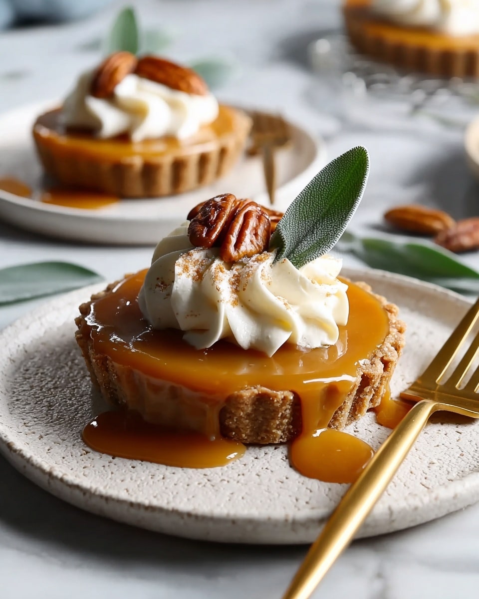 A caramel tart placed on a white plate with a rough texture, showing a thick golden caramel layer that spills slightly over a light brown crumbly crust base. On top of the caramel is a swirl of white whipped cream dusted with light brown powder, crowned with a glossy pecan half and two green sage leaves. The plate sits on a white marbled surface, with a second similar tart slightly blurred in the background and a gold fork positioned in the lower right corner. Photo taken with an iphone --ar 4:5 --v 7