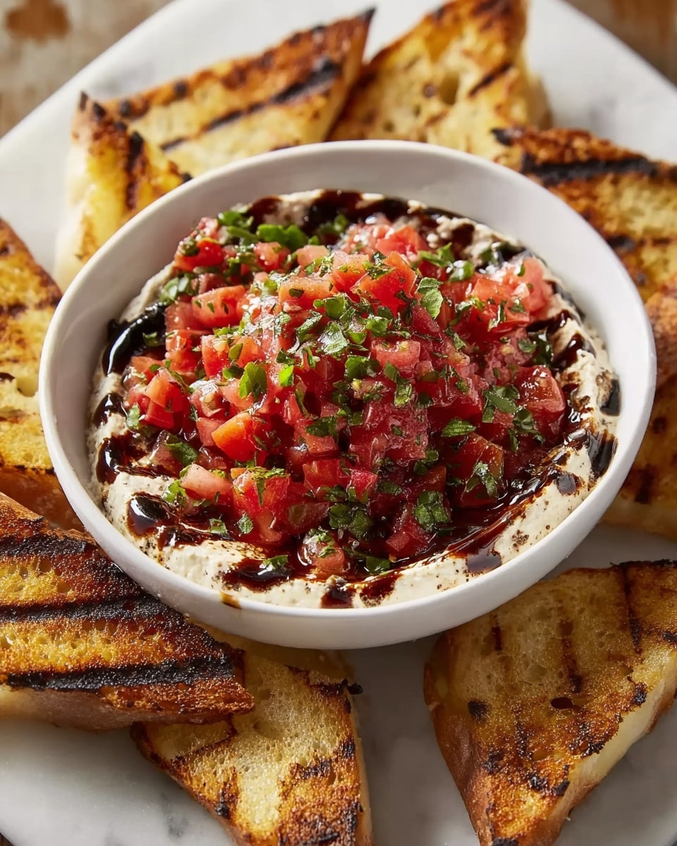 A white bowl holds three layers: the bottom layer is smooth and creamy, light beige hummus; the middle layer is a chunky mix of bright red diced tomatoes with green herbs scattered throughout; the top is a glossy dark balsamic glaze drizzled over the tomatoes. Around the inside edge of the bowl are eight golden-brown toasted pita wedges standing upright. The bowl sits on a white marbled textured surface. photo taken with an iphone --ar 4:5 --v 7