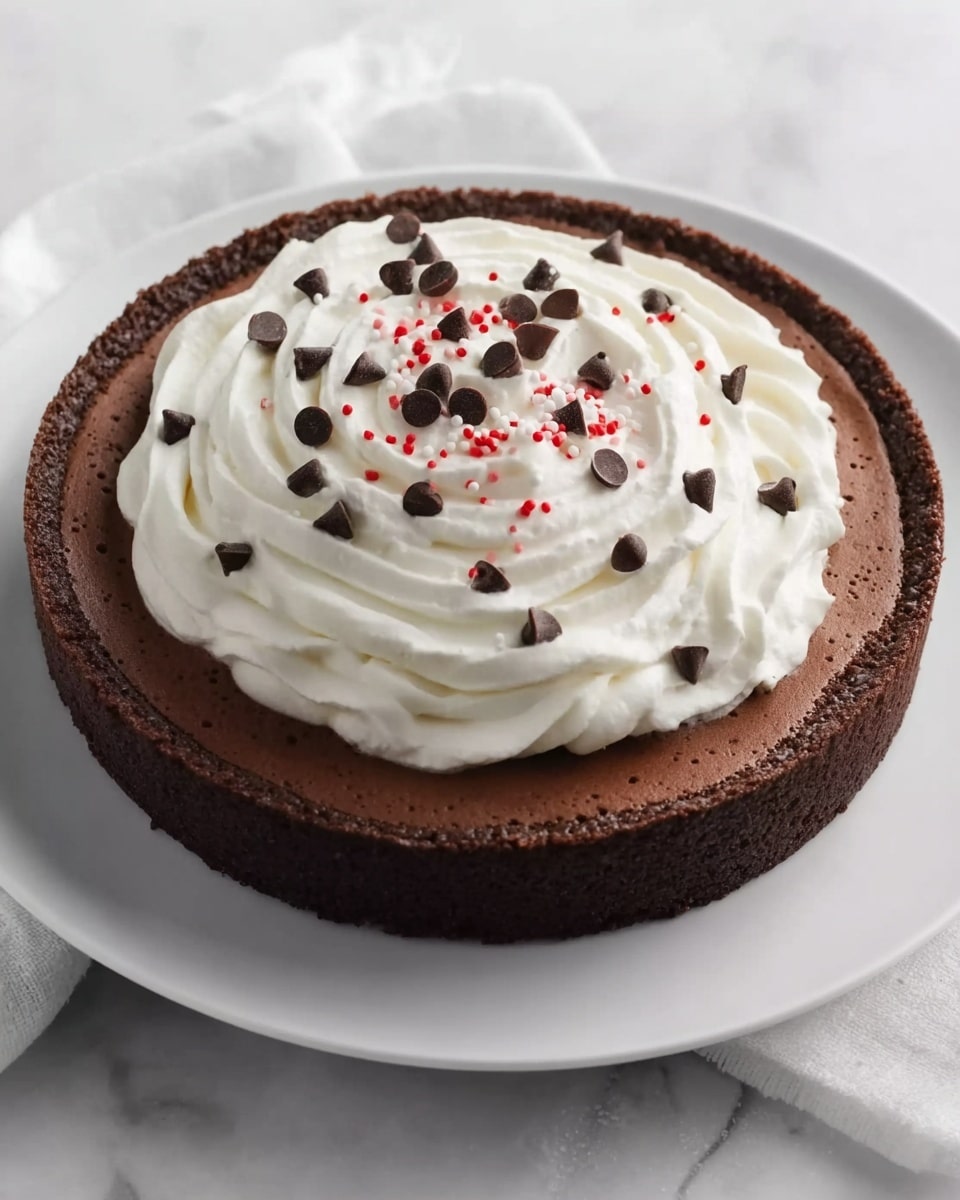 A single-layer round chocolate tart with a rich, smooth dark chocolate base that has a slightly rough, dense texture on the sides. On top, there is a thick swirl of creamy white whipped topping that looks light and fluffy, decorated with small chocolate chips scattered across it. A few red and white sprinkles add a small touch of color to the whipped cream. The tart sits neatly on a white plate with a slight shine, placed on a white marbled surface. Photo taken with an iphone --ar 4:5 --v 7