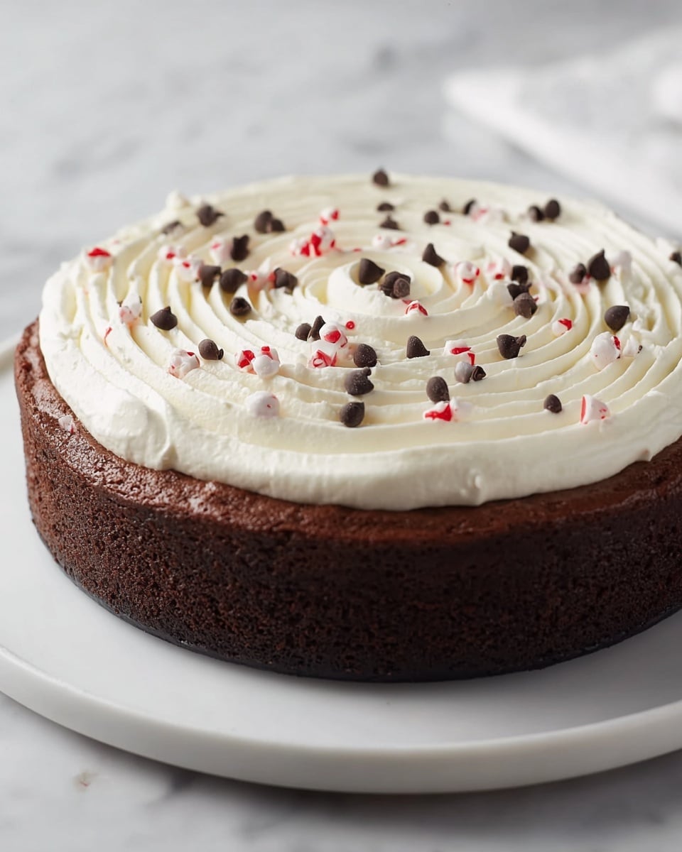 The image shows a round chocolate cake with two distinct layers on a white plate. The bottom layer is thick, dark brown, and has a rough, dense texture, while the top layer is a smooth, white whipped cream layer shaped in a spiral or swirl pattern covering the entire cake surface. Scattered on top of the whipped cream are small dark chocolate chips and tiny white and red candy pieces adding color and texture contrast. The cake is placed on a white marbled surface. photo taken with an iphone --ar 4:5 --v 7