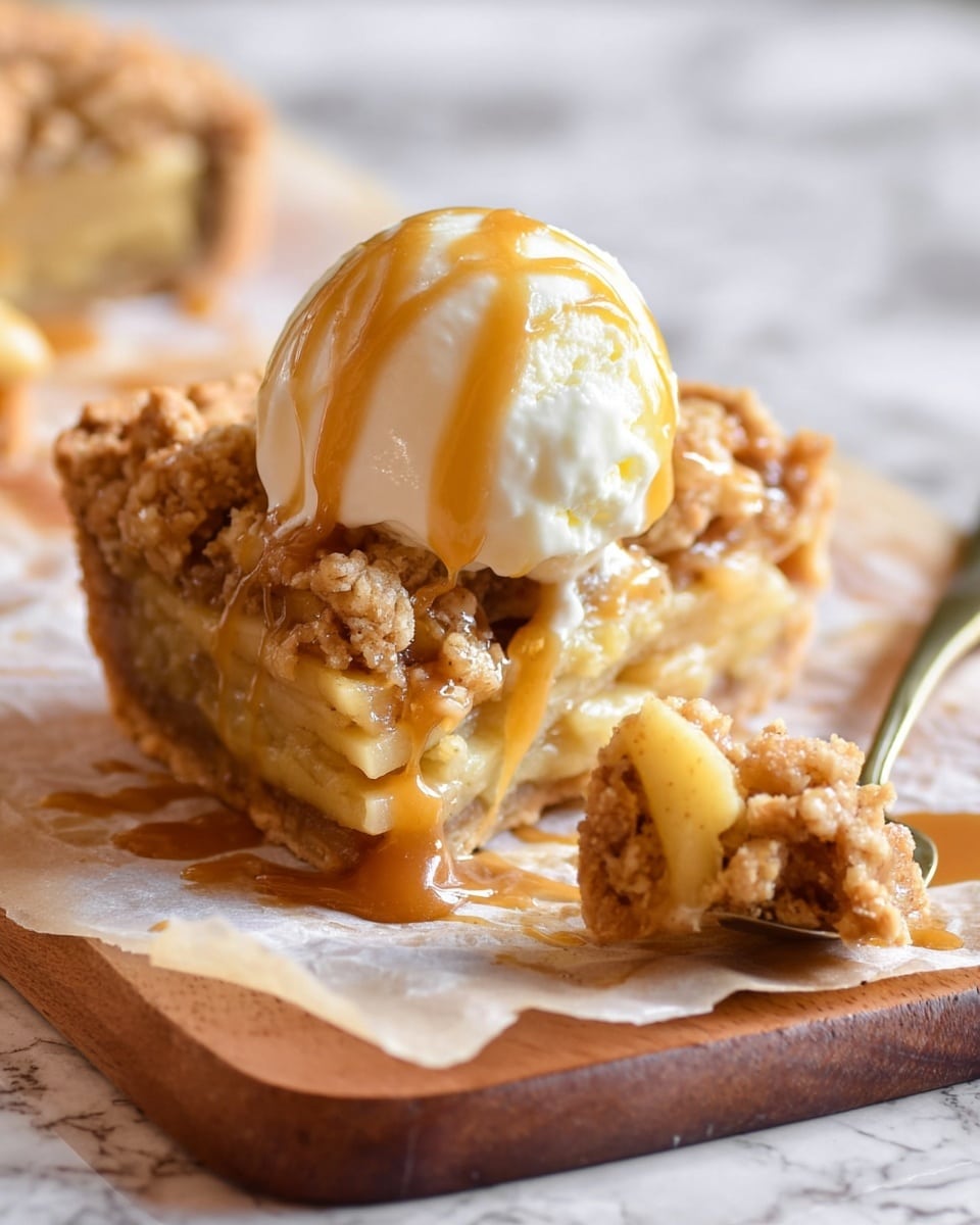 A close-up of a dessert showing a single serving of apple crumble pie with three distinct layers: at the bottom, a golden brown crust with a crumbly texture; in the middle, soft, cooked apple slices with a light yellow color mixed with a cinnamon-spiced crumble topping that is golden and chunky; on top, a scoop of creamy vanilla ice cream which is melting slightly, drizzled with caramel sauce that is shiny and amber in color, all placed on a piece of parchment paper on a wooden board, with a white marbled surface in the blurry background; a fork with a bite of the pie and caramel sauce is visible in the bottom right corner, photo taken with an iphone --ar 4:5 --v 7