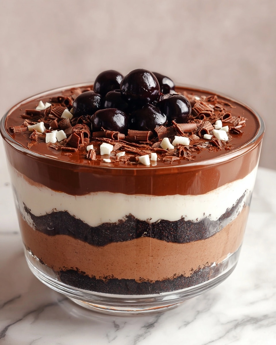 A glass dessert bowl on a white marbled surface holds a layered chocolate trifle with six visible layers: starting from the bottom, a dark crumbly chocolate base, followed by a thick brown chocolate mousse layer, next a white creamy layer, then a light brown creamy layer, another dark crumbly chocolate layer, and topped with a smooth, glossy chocolate ganache. The top is decorated with a cluster of shiny dark cherries and scattered milk chocolate curls, adding texture and richness to the smooth top layer. Photo taken with an iphone --ar 4:5 --v 7