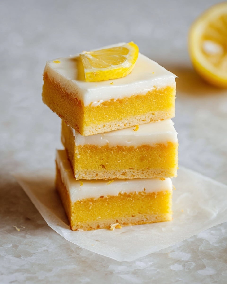 A stack of three square lemon bars is shown on white parchment paper over a white marbled texture, each bar has a thick yellow sponge base and is topped with a smooth, white icing layer, the top bar is decorated with a small slice of lemon that adds a fresh bright yellow color contrast. Photo taken with an iphone --ar 4:5 --v 7