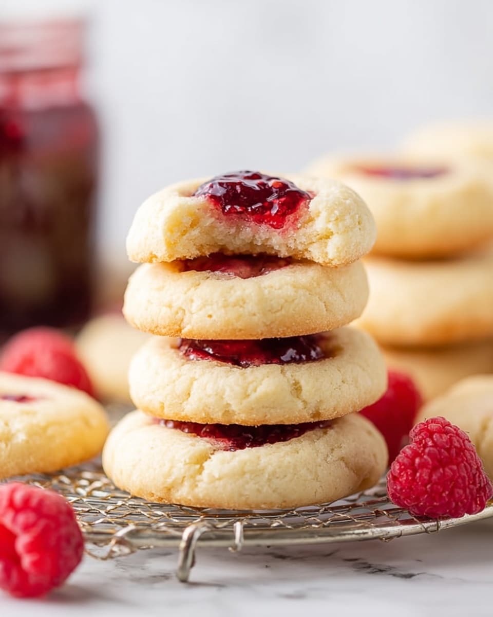 The image shows a stack of four light golden cookies with a soft, slightly crumbly texture, resting on a wire rack placed on a white marbled surface. The top cookie has a bite taken out of it, revealing its tender inside, and features a dollop of deep red raspberry jam with a glossy, slightly chunky texture on its center. Around the base of the stack, there are more cookies with similar jam spots and fresh raspberries scattered nearby. In the background, blurred but visible, is a jar filled with the same red jam and more cookies stacked behind it. The overall colors are pale warm yellow from the cookies contrasted with rich red from the raspberry jam and fruit, with a bright, clean white marbled setting. photo taken with an iphone --ar 4:5 --v 7