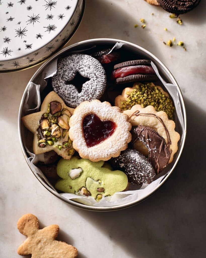 Colorful Butter Cookie Box with Matcha, Cocoa, and Decorative Toppings Recipe