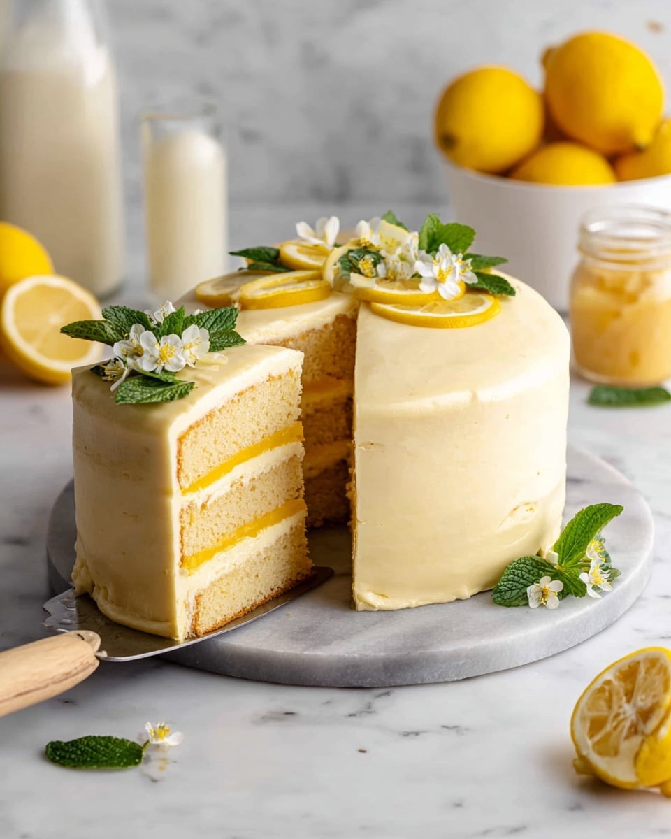 A two-layer round lemon cake with light yellow sponge layers separated by a smooth yellow lemon filling and covered in a creamy pale yellow frosting. The top is decorated with small white flowers, fresh green mint leaves, and thin lemon slices arranged near the edge. The cake sits on a round grey marble board with a slice being lifted by a cake server that has a wooden handle. In the background, there are whole lemons in a white container, lemon halves, a small jar of lemon curd, and two glass bottles with white liquid, all placed on a white marbled surface. photo taken with an iphone --ar 4:5 --v 7