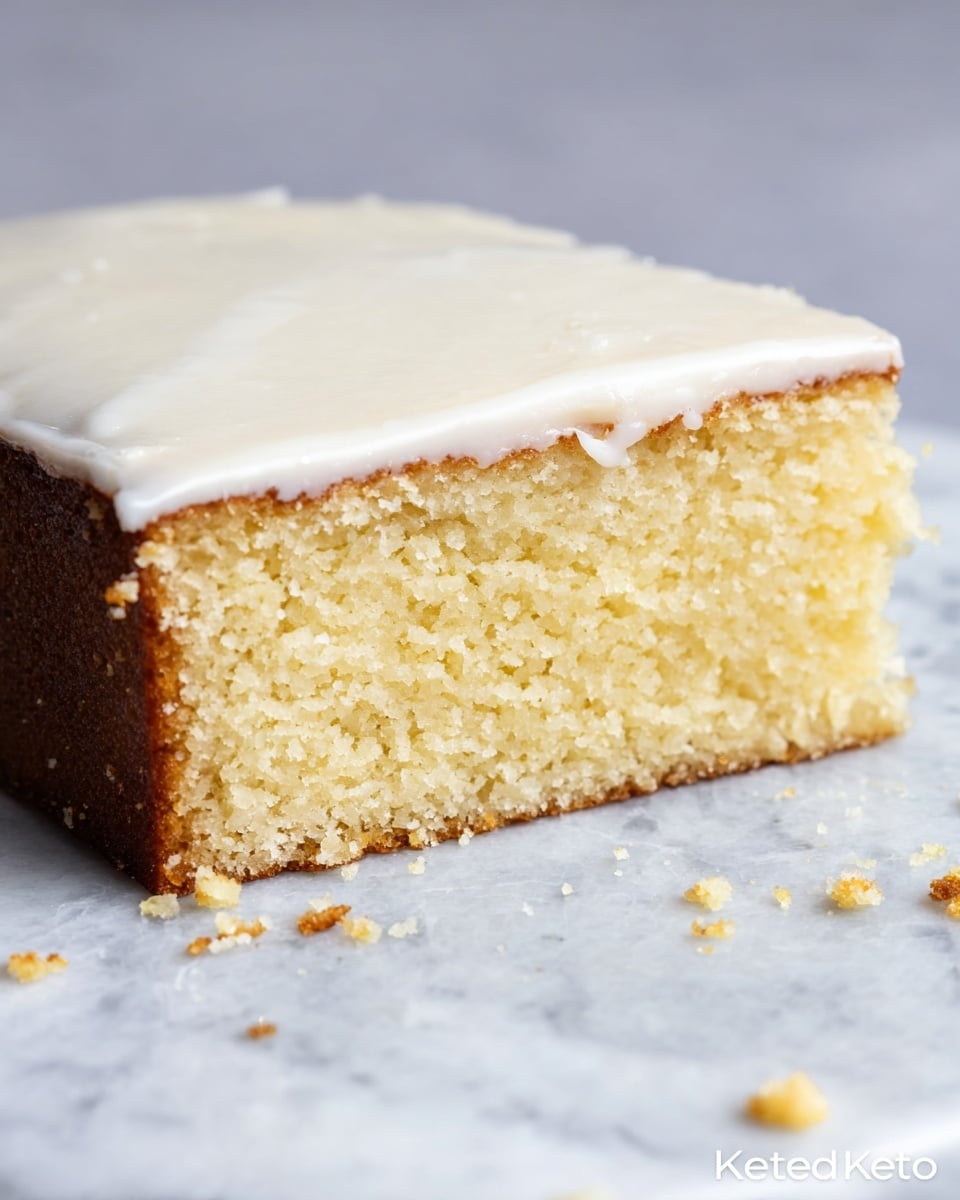 A close-up of a single thick slice of cake with two layers, on a white marbled surface. The bottom layer is a light yellow, dense textured cake with a slightly crumbly edge and a brown crust on the side. The top layer is a smooth, white icing covering the entire cake slice evenly. There are small cake crumbs scattered around the slice on the white marbled surface. Photo taken with an iphone --ar 4:5 --v 7