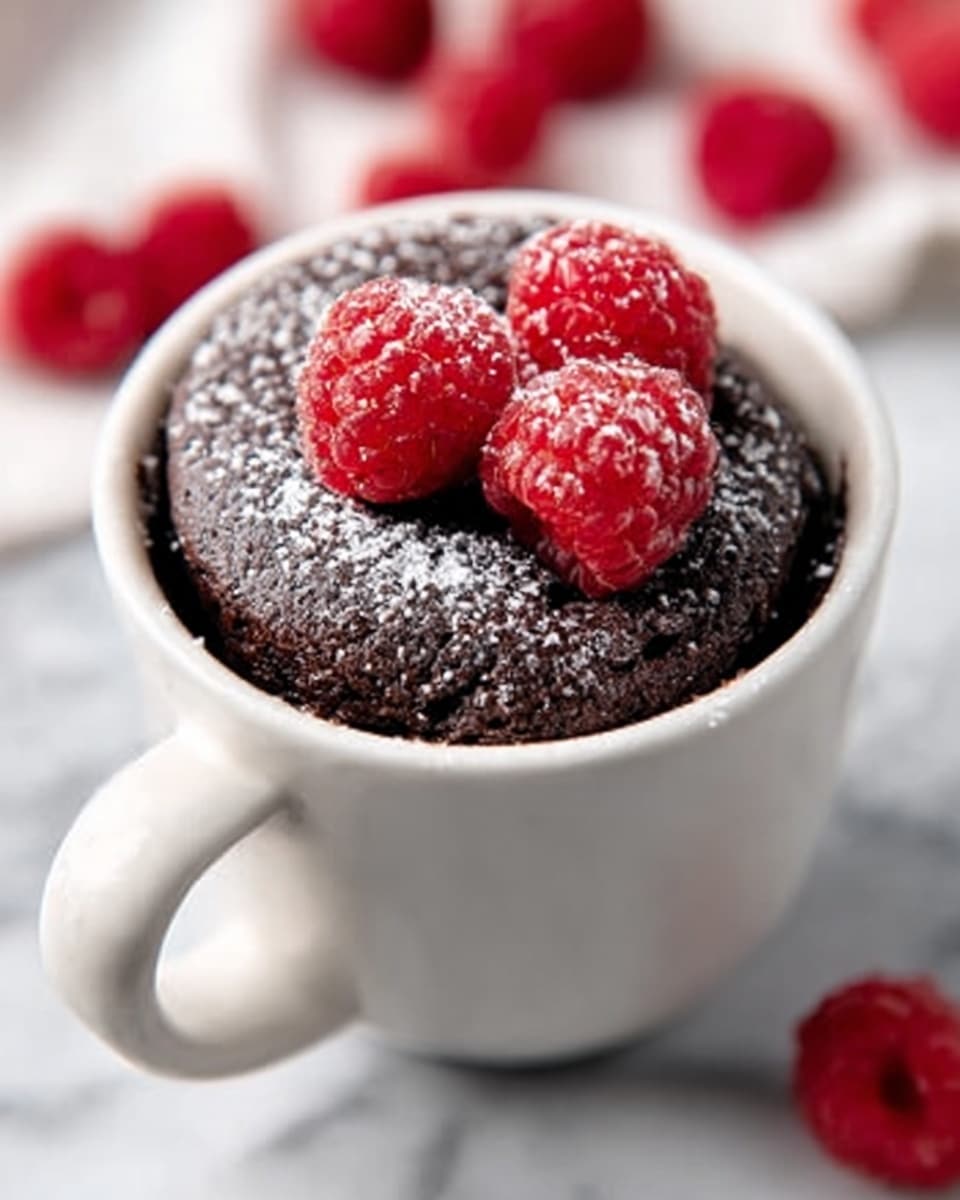 A small white cup filled with a dark brown chocolate cake that looks soft and moist, topped with three bright red raspberries and a light dusting of powdered sugar, placed on a white marbled surface with blurred red raspberries in the background, photo taken with an iphone --ar 4:5 --v 7