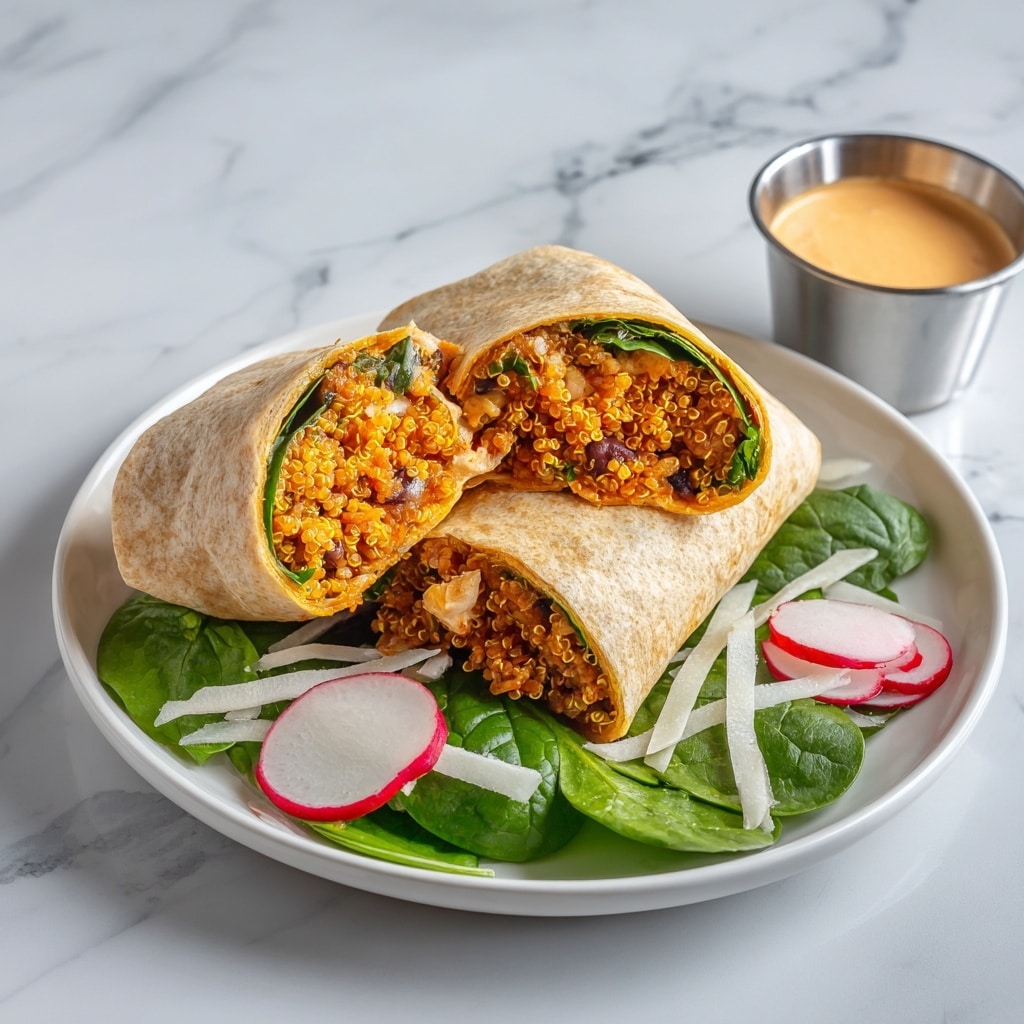 The image shows a white plate on a white marbled surface with a cut-in-half refried burrito filled with orange-colored Spanish quinoa and dark beans, placed on top of a fresh salad made of bright green spinach leaves, thin white strips of cheese, thinly sliced white radishes with red edges, and quinoa with small tomato pieces at the bottom. Next to the plate is a small stainless steel container holding a light orange creamy sauce. Photo taken with an iphone --ar 4:5 --v 7
