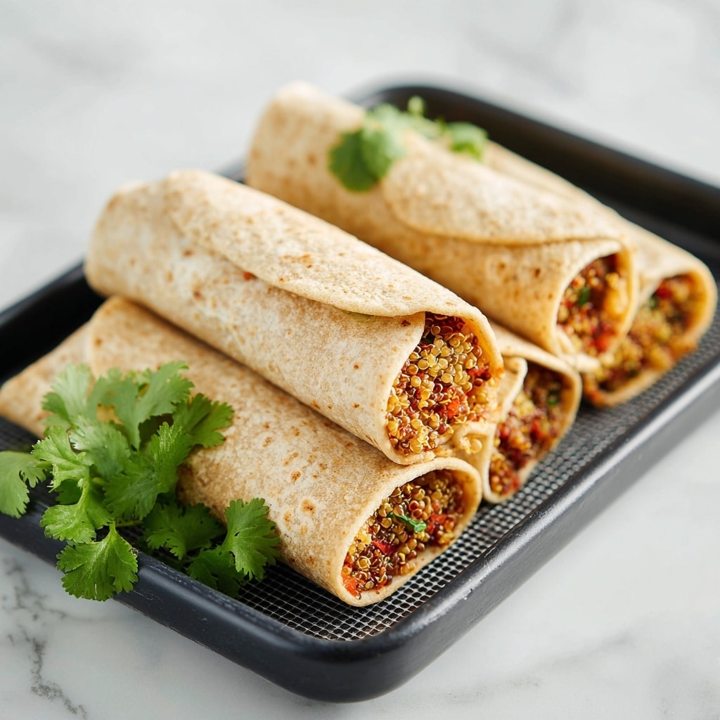 The image shows three rolled wraps placed on a black tray with a mesh surface, set on a white marbled background. Each wrap has a thin, light tan outer layer that looks soft with slight toasty spots. Inside, the filling is visible at the edge, showing a mix of small, reddish-brown grains, likely quinoa, mixed with bits of green leafy vegetables. A sprig of fresh green cilantro is placed near the wraps, adding a touch of color. The wraps are neatly aligned, with the front one in sharp focus and the others slightly blurred behind it. photo taken with an iphone --ar 4:5 --v 7