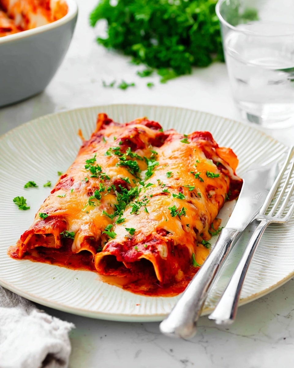 Two rolled cannelloni pasta tubes sit side by side on a white plate with a subtle striped texture. They are covered in rich red tomato sauce with stretchy melted pale orange cheese on top, sprinkled with bright green chopped parsley. The pasta edges are slightly browned, showing a soft, cooked texture. A silver knife and fork rest on the right edge of the plate, which is placed on a white marbled surface. In the background, a clear glass of water and bits of fresh parsley add freshness to the scene. Photo taken with an iphone --ar 4:5 --v 7