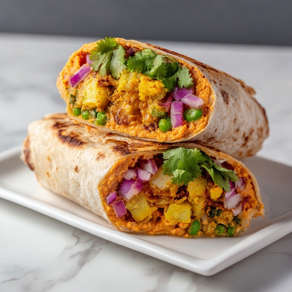 The image shows two halves of a wrap stacked on a white rectangular plate, placed on a white marbled surface. Each wrap half reveals a soft, thin tortilla exterior wrapped tightly around colorful layers inside. The filling includes chunky yellow cauliflower potato pieces, smooth orange-red lentil hummus, and diced red onions with a bright purple-red hue scattered throughout. Fresh green cilantro leaves and green peas add a touch of vivid freshness and texture. The tortilla edges are slightly toasted and crisp, contrasting with the soft and moist filling layers inside. The clean dark background emphasizes the vibrant colors of the wrap filling. Photo taken with an iphone --ar 4:5 --v 7