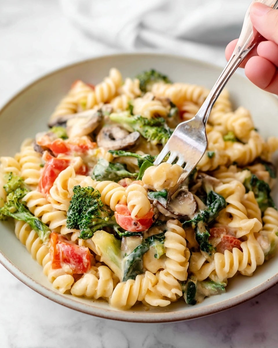 A close-up of a plate filled with creamy pasta made of short spiral noodles, mixed with visible pieces of green broccoli florets, bright red tomato chunks, and green leafy vegetables. The pasta is coated in a light cream sauce, giving it a shiny texture. There are small bits of other vegetables like mushrooms scattered throughout. A silver fork is piercing the pasta in the middle, held by a woman's hand on a white marbled surface. The plate is white, holding the colorful mix of vegetables and pasta. photo taken with an iphone --ar 4:5 --v 7