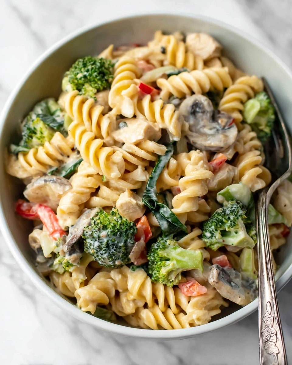 A close-up of a white bowl filled with creamy pasta salad, showing several layers of twisted rotini pasta in light yellow, mixed with bright green broccoli florets, dark green spinach strips, small chunks of white chicken, thin slices of grayish mushrooms, and pieces of red bell pepper, all coated in a creamy, light sauce. A silver fork rests on the right edge of the bowl. The bowl sits on a white marbled surface. photo taken with an iphone --ar 4:5 --v 7