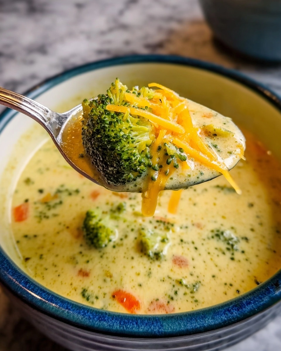 A close-up shows a spoon lifting a creamy broccoli cheese soup from a white bowl with a blue rim, sitting on a white marbled texture. The soup has a thick, smooth pale yellow base with visible green broccoli bits and small orange carrot pieces. The spoon holds a bright green broccoli floret topped with thin strands of melted yellow cheddar cheese, with small herbs sprinkled on top and in the soup. Photo taken with an iphone --ar 4:5 --v 7