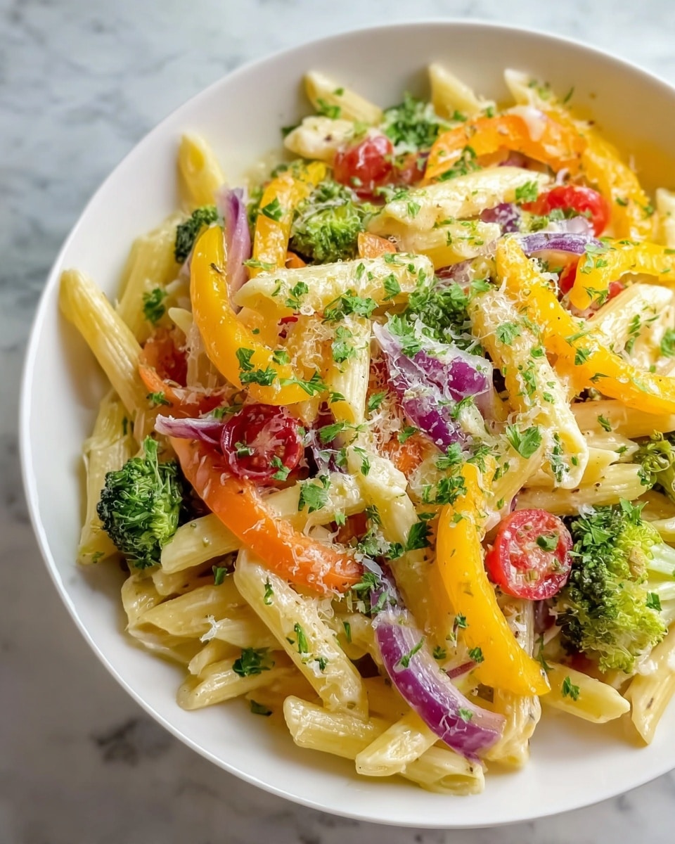 A white bowl filled with a colorful pasta salad featuring three layers: the base is creamy, pale yellow penne pasta, mixed evenly with bright yellow and orange bell pepper strips, vibrant green broccoli florets, and red cherry tomato halves. Thin slices of purple onion add contrast throughout. The dish is sprinkled with finely chopped fresh green parsley and a light dusting of grated white cheese on top. The bowl rests on a white marbled texture surface. photo taken with an iphone --ar 4:5 --v 7