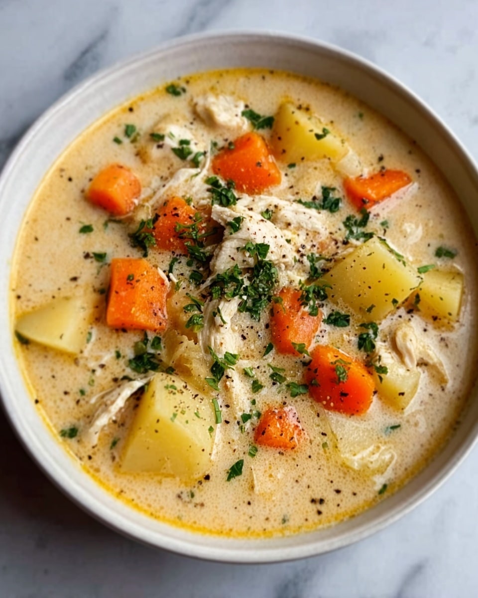 A white bowl with a brown rim is filled with creamy chicken soup containing visible chunks of white chicken meat, cubed white potatoes, and bright orange carrot pieces. The soup has a smooth, yellowish broth with a light sprinkling of green herbs on top. The bowl sits on a white marbled textured surface. Photo taken with an iphone --ar 4:5 --v 7