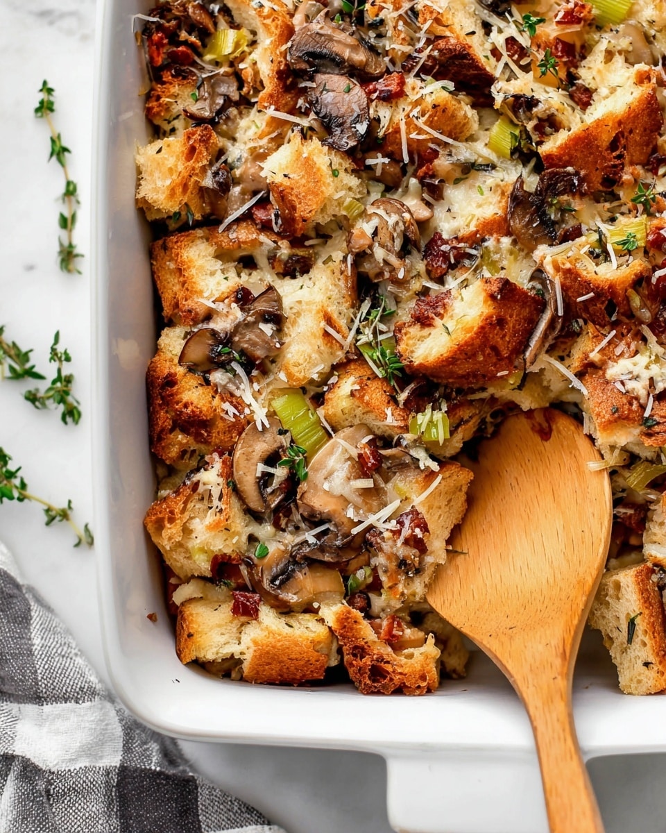 A close-up view of a baked dish in a white rectangular casserole, filled with chunky pieces of toasted bread with a golden-brown crust, scattered with slices of browned mushrooms and pieces of green celery. Sprinkled on top are small bits of shredded cheese melting slightly with tiny green herb leaves for garnish. A wooden spoon rests inside on the right side, partially under the bread pieces. The background is a white marbled surface with a corner of a checkered cloth visible at the bottom left. photo taken with an iphone --ar 4:5 --v 7