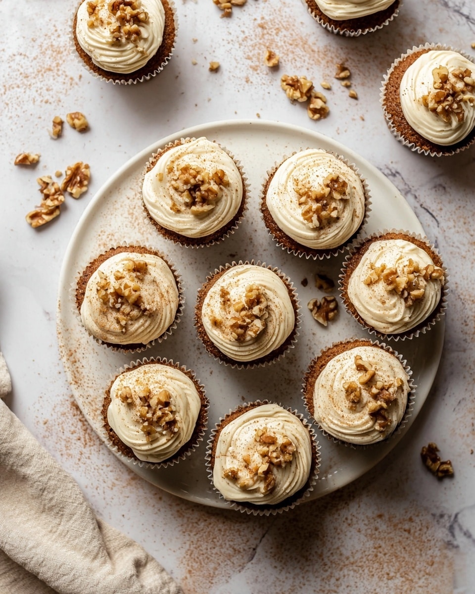 A group of eleven cupcakes is arranged on a round white plate with a smooth surface, placed on a white marbled texture. Each cupcake has a brown base with a thick layer of white creamy frosting spread on top in a slightly swirled manner. The frosting is sprinkled with small pieces of walnuts and a light dusting of brown powder, likely cinnamon, evenly scattered across each cupcake. Around the plate, some walnut pieces and cinnamon powder are scattered on the white marbled surface. A beige cloth is partially visible on the bottom left side. The lighting is soft and natural, highlighting the creamy texture of the frosting and the crunchy walnuts. photo taken with an iphone --ar 4:5 --v 7