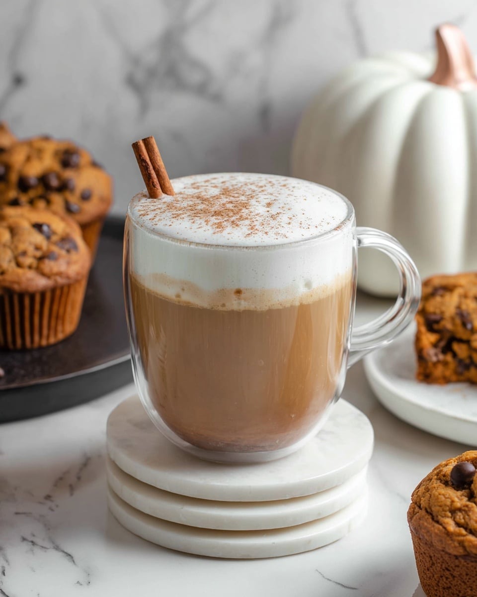 The image shows a clear glass mug filled with a layered drink consisting of two main layers: a light brown coffee layer at the bottom and a thick white foam layer on top. A cinnamon stick is placed upright inside the foam near the edge of the mug, and a light dusting of cinnamon powder sprinkles the foam’s surface. The mug is set on two stacked white marble coasters. Surrounding the drink are chocolate chip muffins, one partly visible on a white plate and another on a dark round tray. The background includes a white ceramic pumpkin container and a white marbled surface. photo taken with an iphone --ar 4:5 --v 7