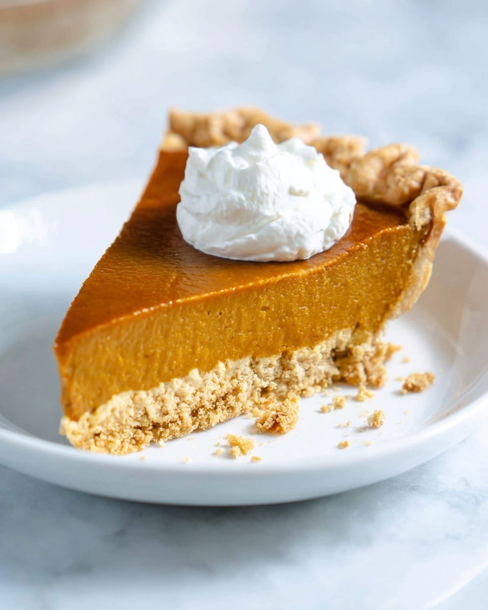 A single slice of pumpkin pie with three layers is shown on a white plate. The bottom layer is a light golden brown crust with a crumbly texture. The middle layer is a thick, smooth pumpkin filling of deep orange color, appearing creamy and firm. The top layer has a small dollop of white whipped cream sitting slightly off-center. The pie slice has a slightly crimped crust edge and is set on a white marbled surface with some pie crumbs scattered nearby. Photo taken with an iphone --ar 4:5 --v 7