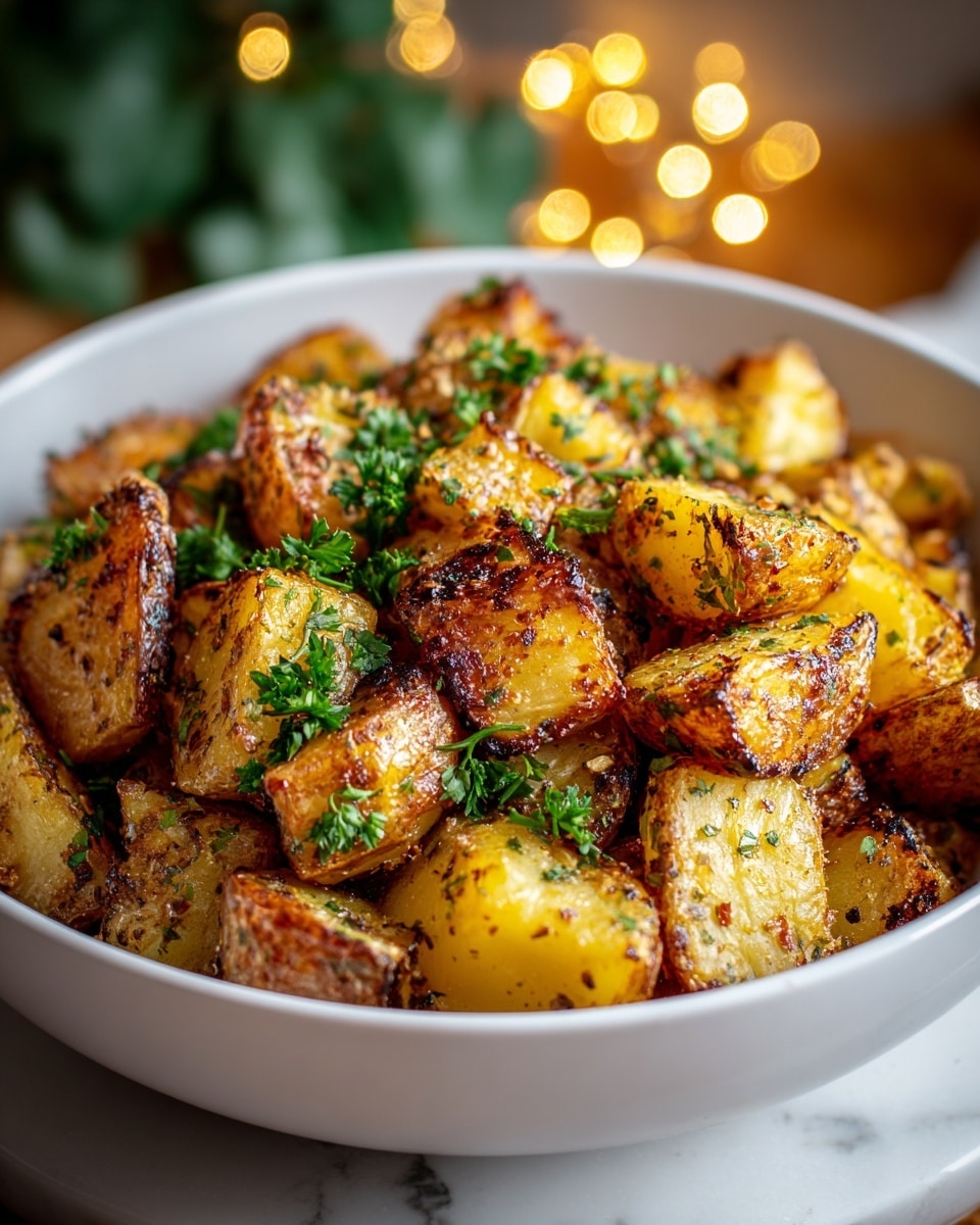 A white bowl filled with roasted potato pieces that have a crispy, golden-brown exterior with some charred edges, seasoned with spices and sprinkled with fresh green parsley on top. The potatoes are cut into irregular chunks, showing browned skin and soft yellow-inside textures. The bowl sits on a white marbled surface, with blurred warm lights and green leaves in the background, creating a cozy atmosphere. photo taken with an iphone --ar 4:5 --v 7