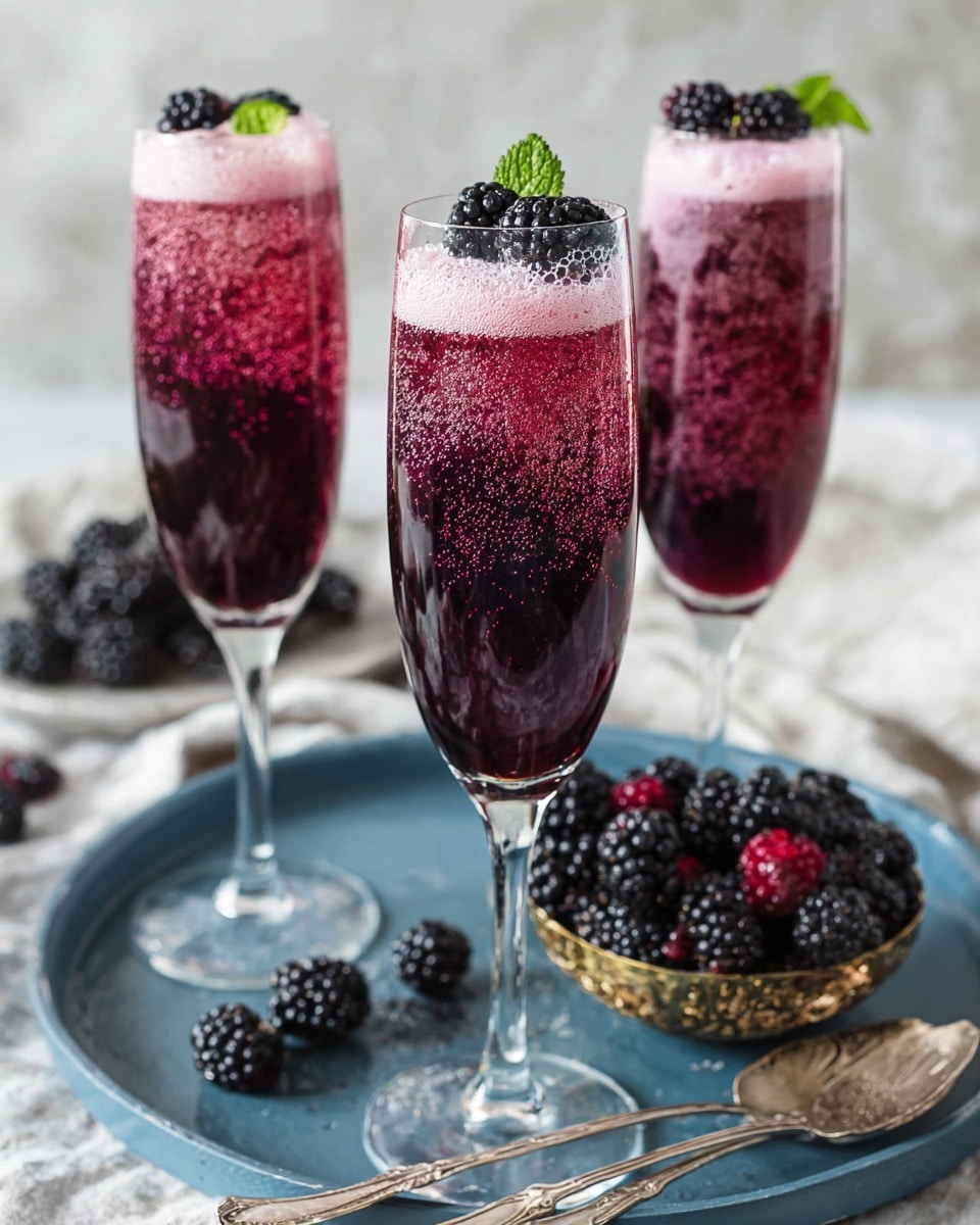 Three clear tall champagne glasses hold a dark purple bubbly drink with a pink foam layer near the top. Each glass is topped with two to three blackberries, one glass also has a small green mint leaf. The drink is thick and sparkling with tiny bubbles rising inside. The glasses sit on a blue tray that holds a small ornate gold bowl filled with blackberries and raspberries. Scattered blackberries and a couple of silver spoons with decorative handles lie on the tray. The background is a white marbled texture with soft natural light. photo taken with an iphone --ar 4:5 --v 7