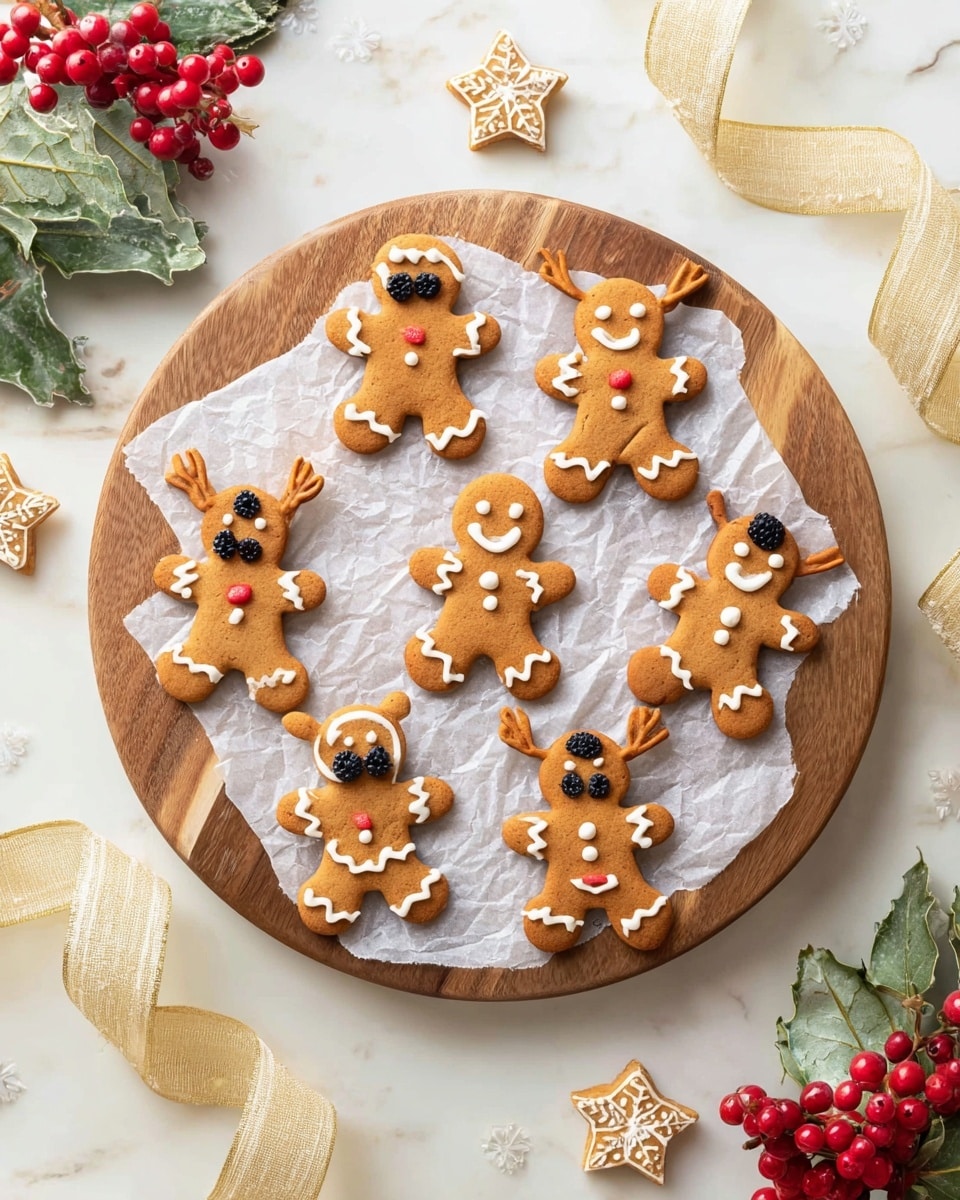 A round wooden board lined with crinkled white parchment paper holds six cookies arranged evenly in a circle. There are four gingerbread man cookies light brown in color with smooth white icing details for eyes, buttons, arms, and legs, smiling faces, and one with a scalloped icing skirt. Two reindeer-shaped cookies are light brown with white icing antlers, blueberries for eyes, a red raspberry nose, and a white icing mouth. Around the board on a white marbled surface, there are small star-shaped cookies decorated with white icing, sprigs of green leaves with white berries, clusters of bright red berries, and a flowing golden ribbon, creating a festive atmosphere. Photo taken with an iphone --ar 4:5 --v 7