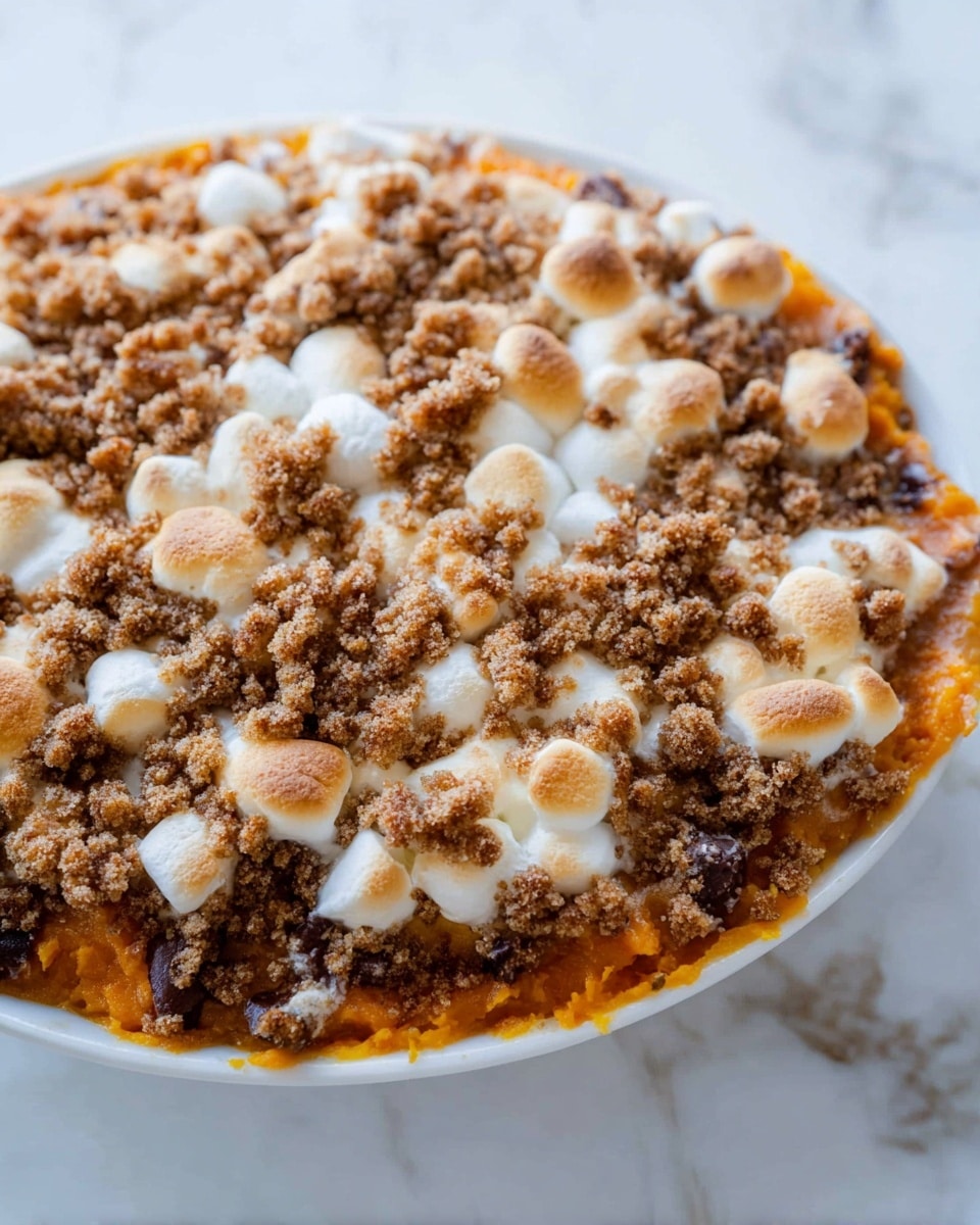 The dish shows a layered dessert starting with a base of mashed sweet orange squash, soft and slightly chunky in texture with some darker baked parts. On top of the squash is a middle layer of melted, foamy white marshmallows that are partially browned. The top layer is a crumbly, golden brown streusel mix that covers the marshmallows unevenly, with some marshmallows peeking through. The entire dish is presented on a flat white plate set on a white marbled surface. photo taken with an iphone --ar 4:5 --v 7