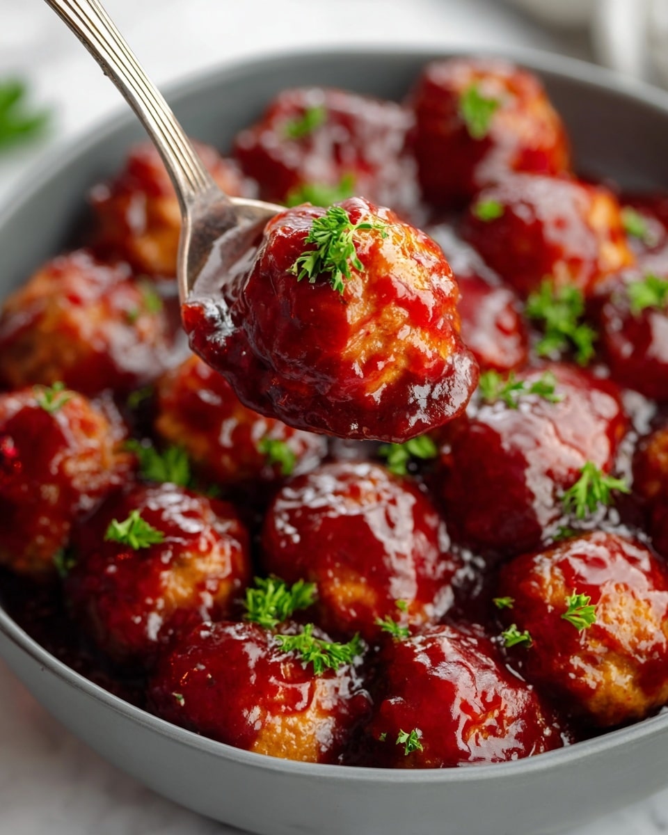 A close-up image shows a grey bowl filled with small golden-brown meatballs covered in a thick, shiny deep red sauce. The sauce has a rich texture with visible chunks, almost like a smooth chili or barbecue glaze. Green parsley leaves are sprinkled on top, adding a fresh color contrast. A silver spoon is holding one meatball coated fully in sauce, lifting it from the bowl. The background is a white marbled texture, and the lighting highlights the glossiness and detail of the sauce and meatballs. Photo taken with an iphone --ar 4:5 --v 7