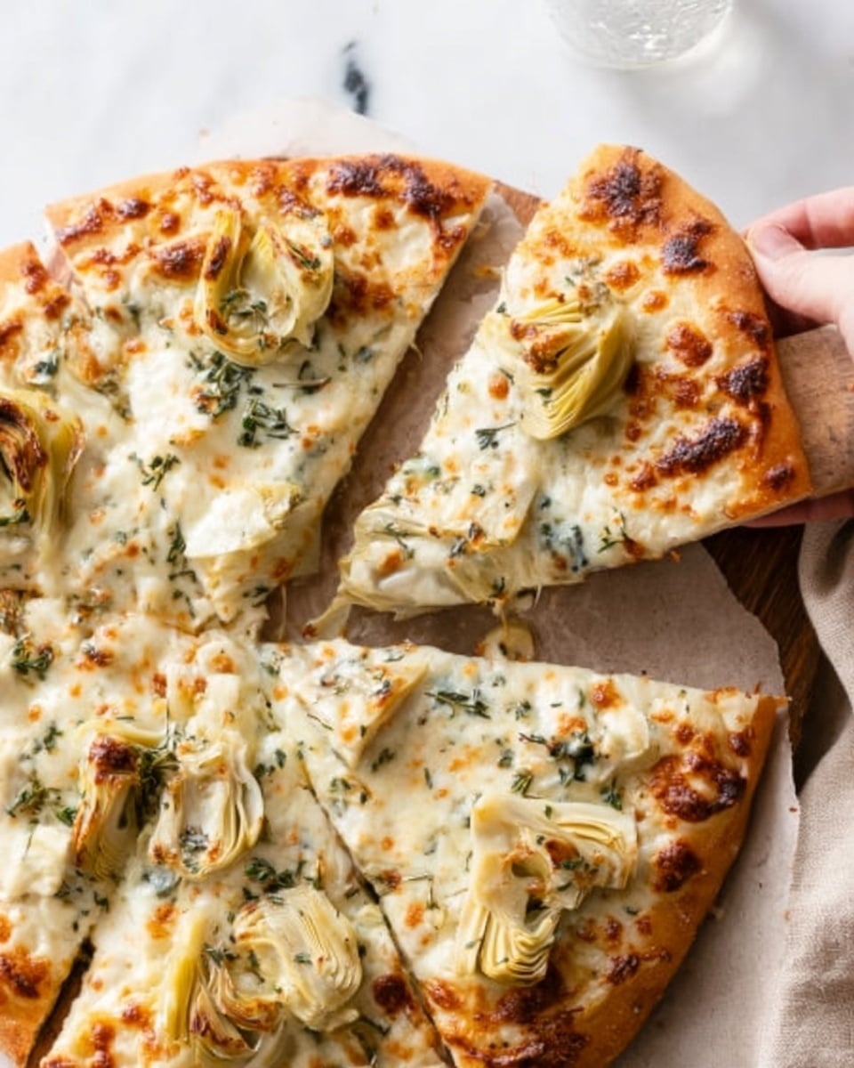 The image shows a close-up of a white round pizza cut into slices, with a white woman's hand holding one slice. The pizza has three visible layers: a golden-brown crispy crust at the bottom, a creamy layer of melted cheese with light browning on top, and scattered artichoke hearts with a pale beige color and soft texture, along with some green herbs sprinkled over the pizza. The pizza is placed on a wooden board set on a white marbled surface, with a beige cloth napkin in the background. Photo taken with an iphone --ar 4:5 --v 7